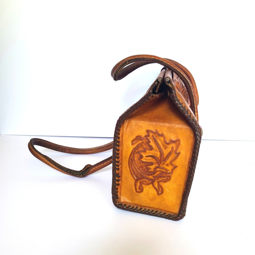 Vintage Brown Leather Tooled Handbag Western Boho Turn‎ Lock Festival Rustic - Picture 5 of 10